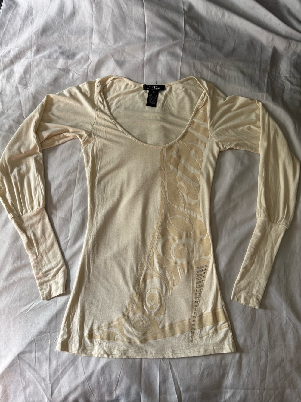 Fetish Y2K Cream Graphic Rhinestone Puff Sleeve Fitted Top Size Small